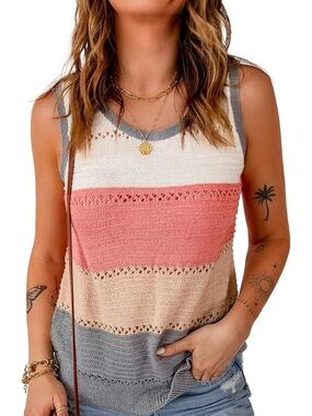 Women’s Striped Knit Tank Top in Coral, Cream & Gray - Size Large